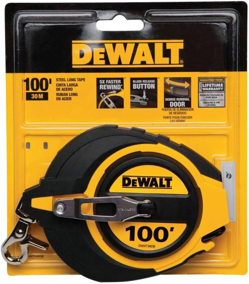 DEWALT Tape Measure, 100-Foot, Self-Lock, Solid Chrome Finish, Rubber Grip (DWHT34036L)