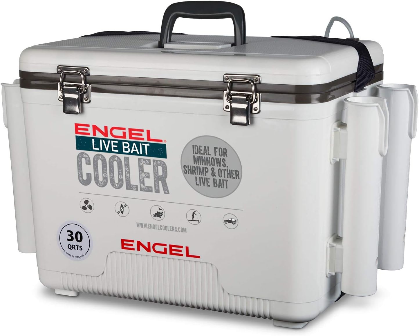 Engel 30qt Live Bait Cooler Box with 2nd Gen 2-Speed Portable Aerator Pump and 4 x Fishing Rod Holder Attachments. Fishing Bait Station and Minnow Bucket in LBC30-RH in White