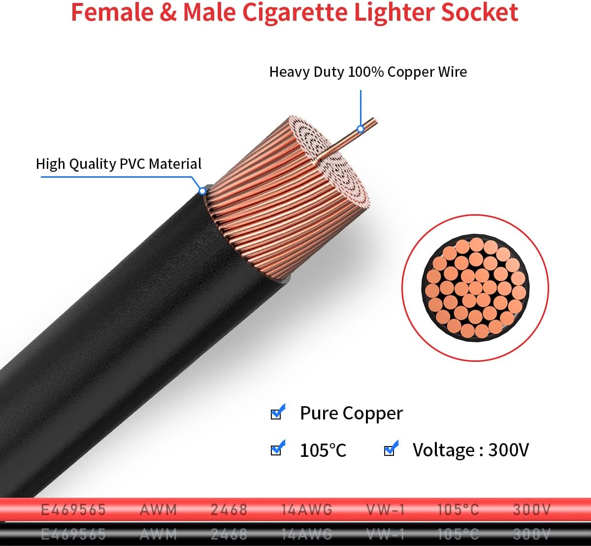 14AWG Cigarette Lighter Extension Cord 12V Cigarette Lighter Male Plug to Female Socket Extension Cable for Air Compressor Tire Inflators(10FT)
