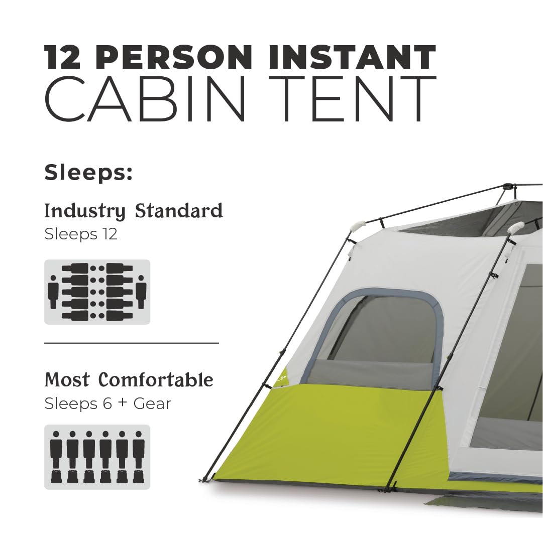 CORE Instant Cabin Tents | 6 Person / 9 Person / 10 Person / 12 Person Family Cabin Multi Room Pop Up Tents Car Camping | Included Storage Pockets for Camping Accessories