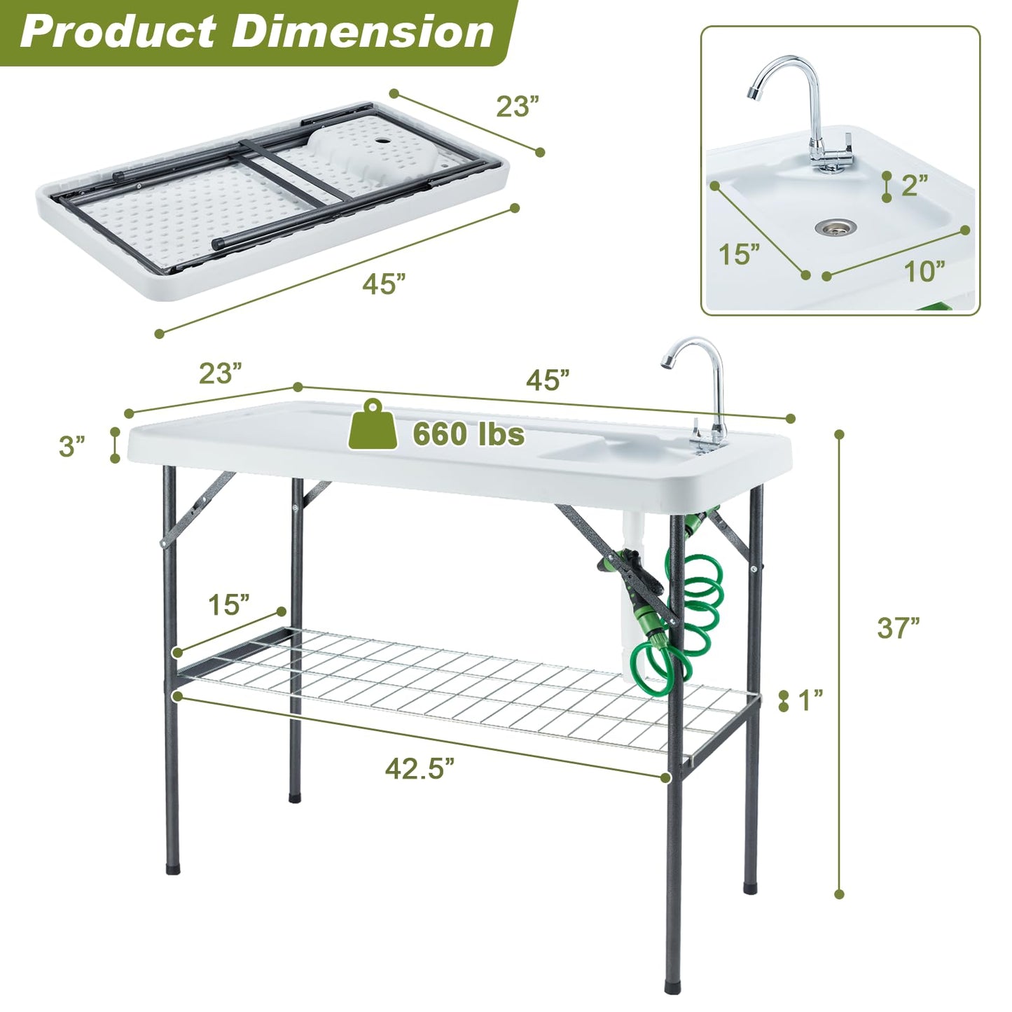 Folding Fish Cleaning Table Portable Camping Sink with Faucet Drainage Hose & Sprayer Outdoor Fillet Station Grid Rack Knife Groove for Picnic Fishing, Black