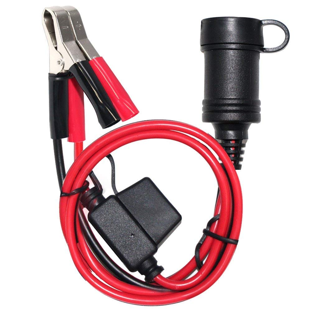 SPARKING 12FT 12V Female Car Socket Extension Cord with Battery Alligator Clips Car Battery Clip-on Extension Cable, 15A Fuse (12FT)