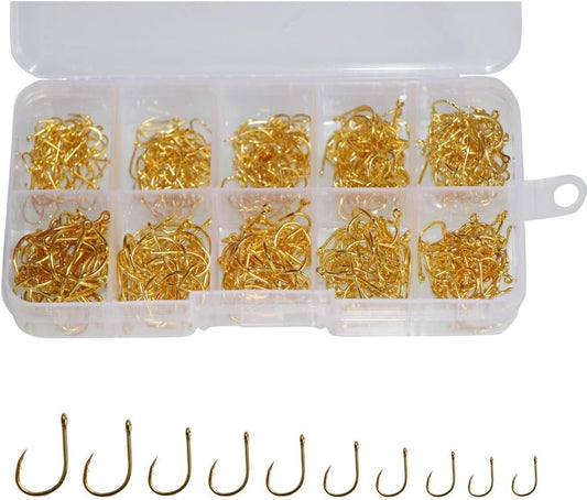 500pcs Small Fishing Hooks Black High Carbon Fishing Hooks Set 10 Sizes with a Plastic Box (500pcs Gold)