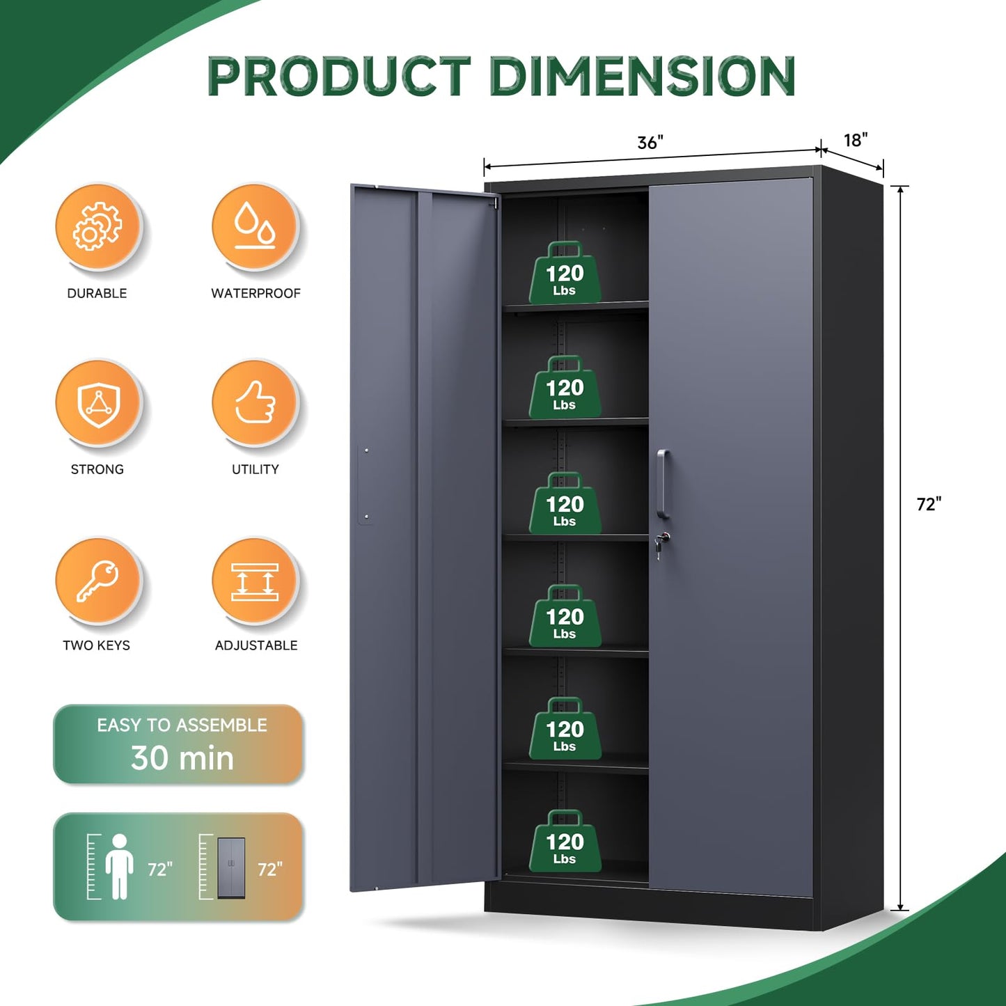Letaya Metal Garage Storage Cabinets with Lock-72 Tall Tool Organizer Steel Lockers, 5 Adjustable Layers Shelves for Home,Office,Warehouse,Garage,(Black-72“)