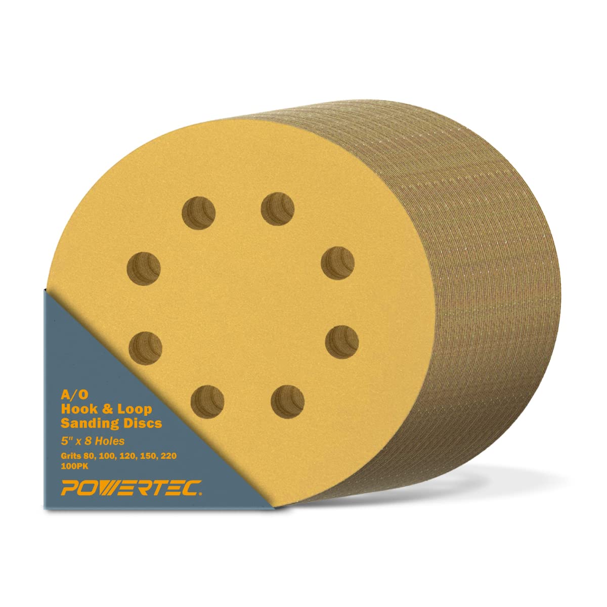 POWERTEC 50 PCS 220 Grit - 5 Inch 8 Hole Hook and Loop Sanding Discs, 5" Sanding Pads for Automotive, Drywall, Woodworking with Orbital Sander, Air, and DA Sander (44022G-50)
