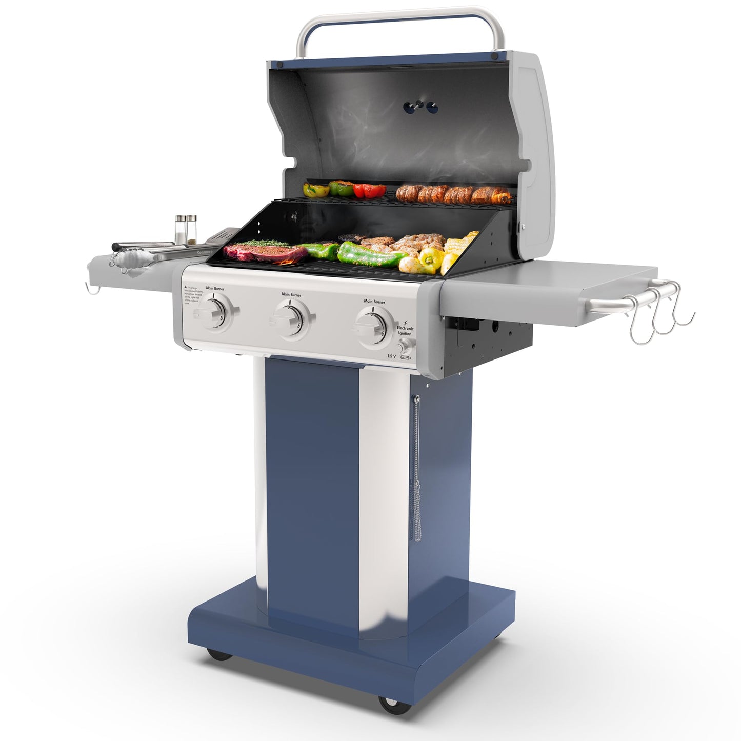 Kenmore 3-Burner Propane BBQ Grill, 30,000 BTUs Gas Grill with Cast Iron Cooking Grates, Folding Side Tables & Wheels, Outdoor Grill with Tool Hooks, Azure Blue