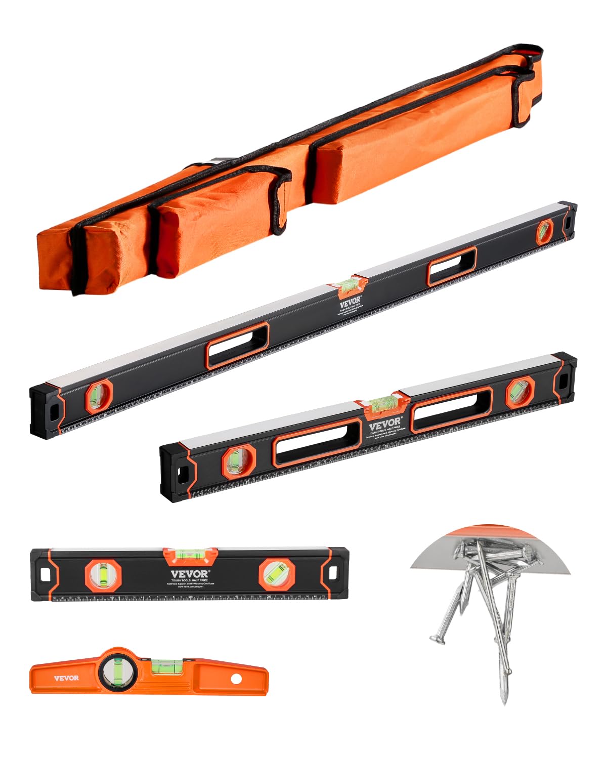 VEVOR 6-Piece Torpedo Level, 78/48/32/24/16/10 Inch Box Levels Set, Bubble Vials Ruler for 45/90/180 Degree, Shock-Proof Aluminum Alloy Magnetic Leveler Tool, SAE/Metric Scale(Only 10-inch has magnet)