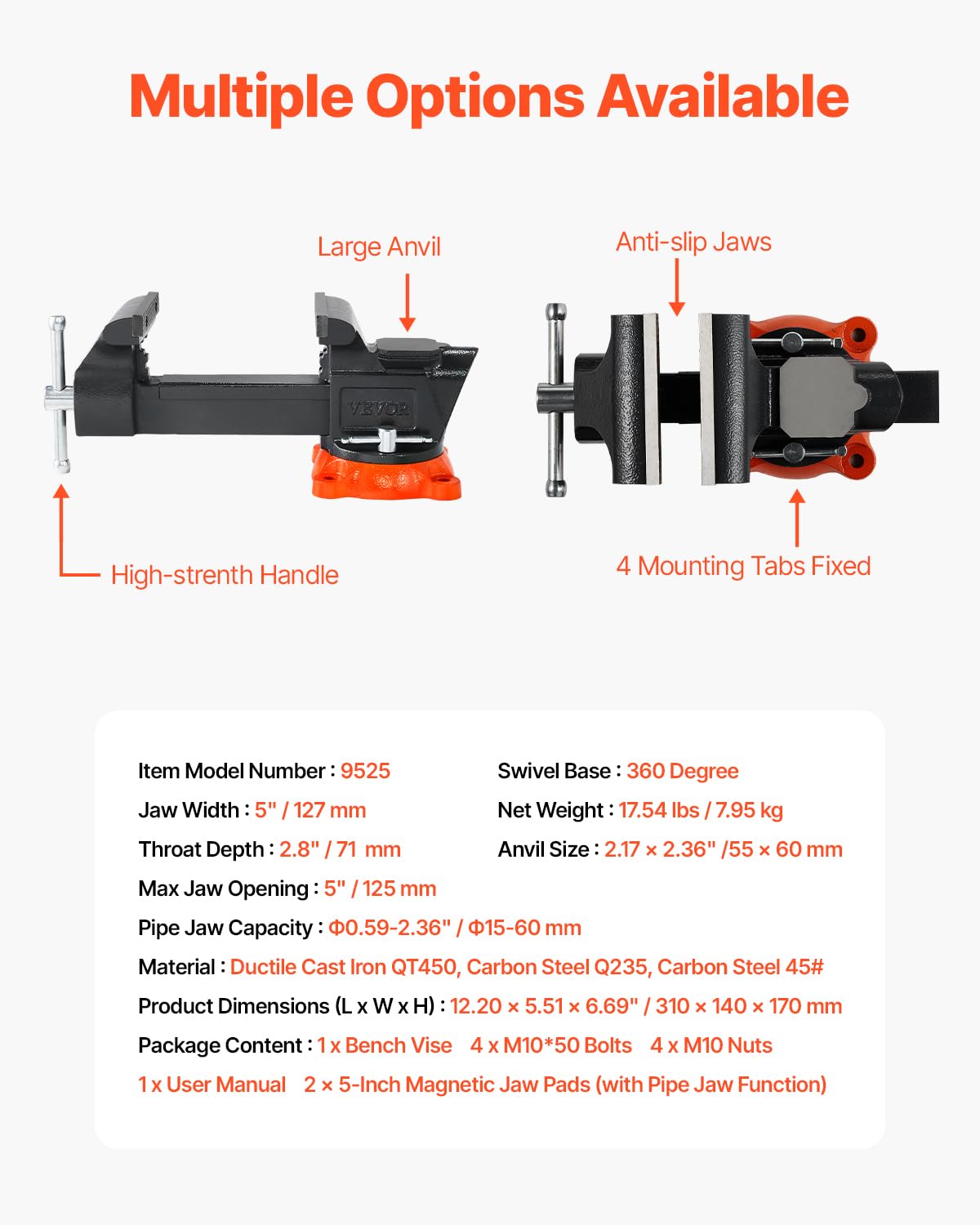 VEVOR Bench Vise, 6-inch Jaw Width 5.9-inch Jaw Opening, 360-Degree Swivel Locking Base Multipurpose Vise w/Anvil, Heavy Duty Ductile Iron Workbench Vise w/Bolts & Nuts, for Drilling, Pipe Cutting