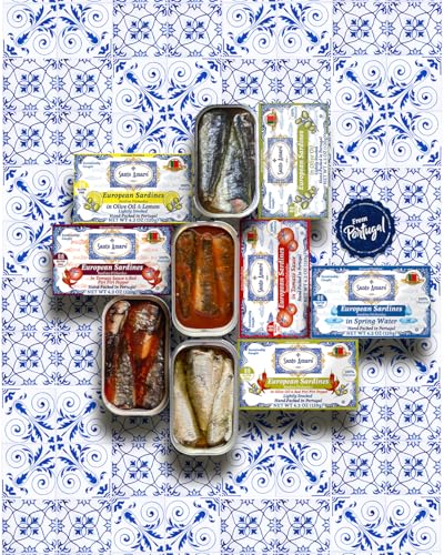 Santo Amaro - 6 Flavor Variety Pack Sampler European Wild Sardines - Virgin Olive Oil - Tomato Sauce from Puree - Virgin Olive Oil & Spicy Red Piri Piri Pepper - Spring Water - Virgin Olive Oil & Lisbon Lemon - Tomato Puree with Spicy Red Piri Piri Pepper