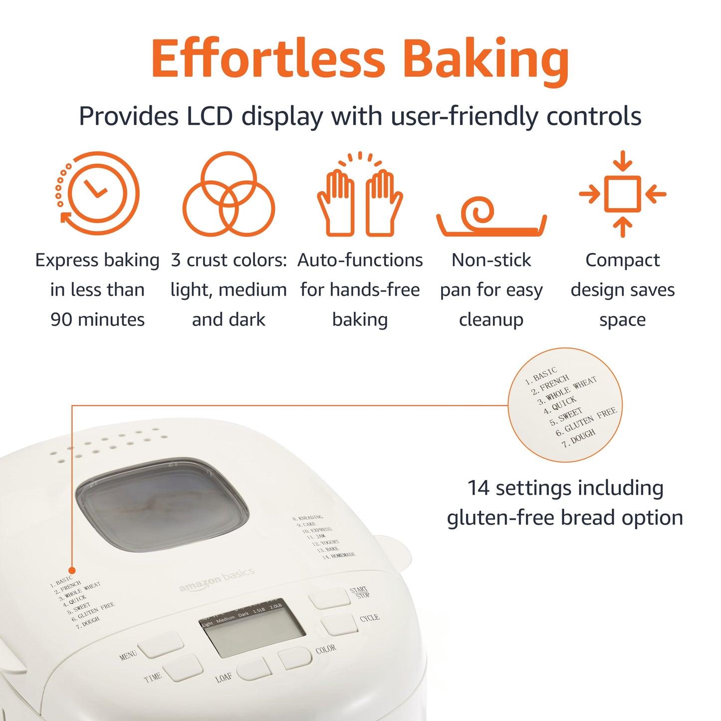 Amazon Basics Programmable Bread Maker, 2 Pound Non-Stick Automatic Bread Making Machine, 14 Settings for Breads, Doughs, Gluten-Free Options, ExpressBake, 3 Crust Colors, LCD Display, White