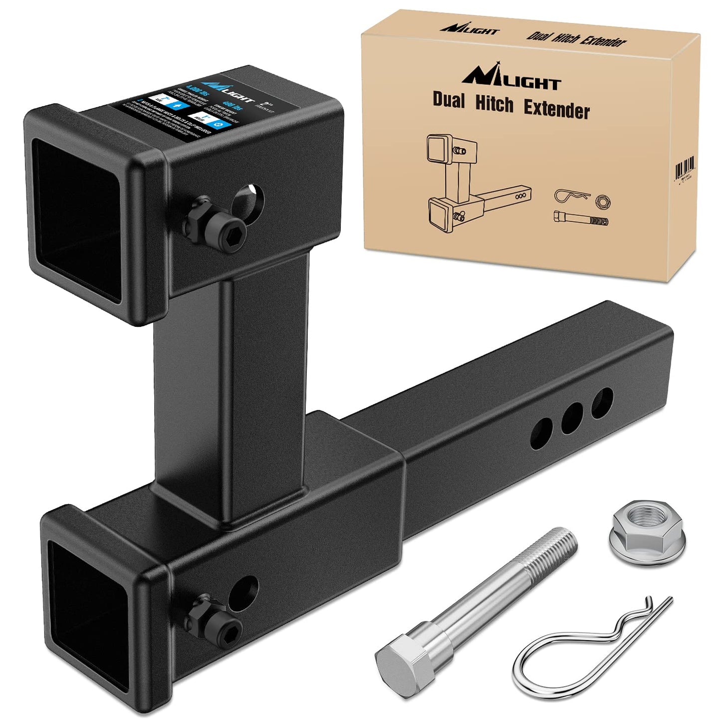 Nilight Trailer Hitch Receiver Extender Adapter Reducer 1-1/4 to 2Inch Hitch Adapter 6-1/2 inch Extension Sleeve Convertor 350Lbs with 1/2-Inch Diameter Pin and Clip with 5/8-Inch Adapter