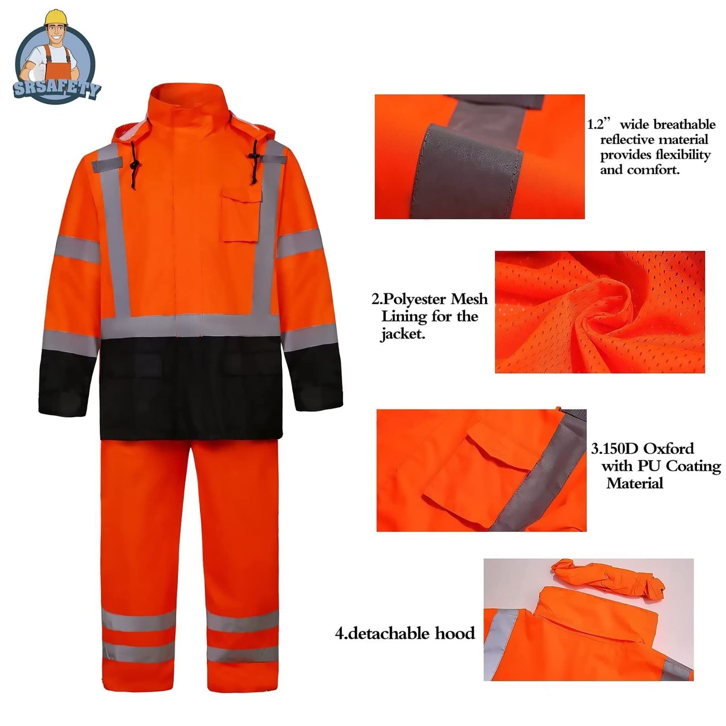 SRsafety High Visibility Rain Gear, Class 3 High Visibility Work Rain Gear for Men, Construction Rain Suits