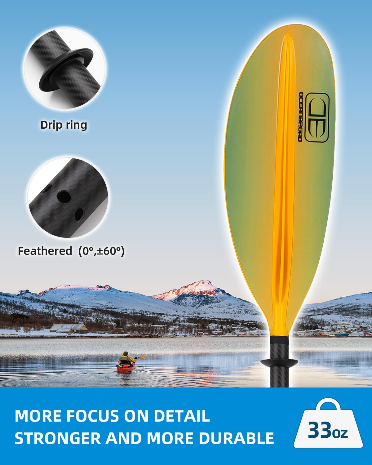 OCEANBROAD Carbon Fiber Kayak Paddle 90.5in/230cm, 86in/218cm for Adults Kayaking Boating Canoeing Oar with Paddle Leash