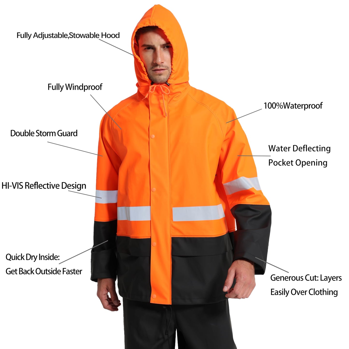 Men's Workwear PRO Rain Suit - Waterproof Jacket and Bib Pants 3-piece Set for Ultimate Safety and Comfort