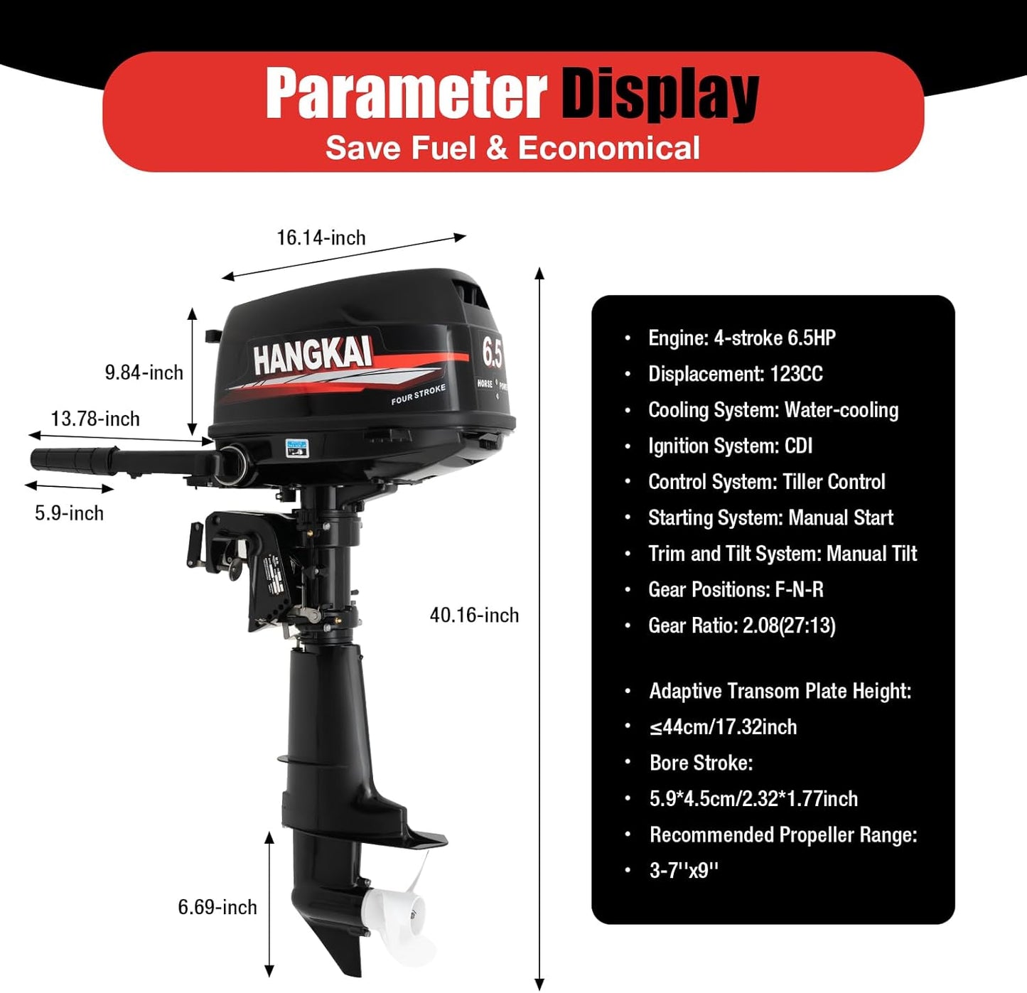 4-Stroke HANGKAI 6.5HP Outboard Motor Gas Powered, 123CC Fishing Boat Engine Outboard Motor Engine for Inflatable Boat Kayak Canoe Sailboat 5000-6000r/Min