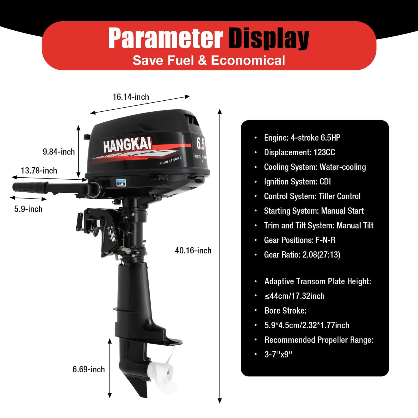 2-Stroke 3.5HP Outboard Motor, 49CC Gas Powered Fishing Marine Heavy Duty Boat Engine, Short Shaft Tiller Control Half Water-cooling Air-cooling CDI Ignition System for Inflatable Yachts Canoes Boat