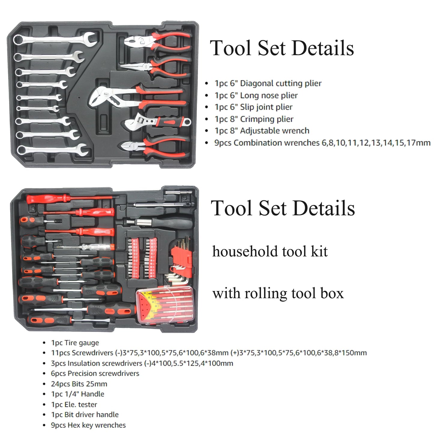 899PCS Tool Set, Household Tool Kit with Rolling Tool Box, Complete Tool Box Set Hand Tool Set with Tool Box, Mechanic Tool Set Rolling Tool Set for Home/Auto Repair Tool Set, Black