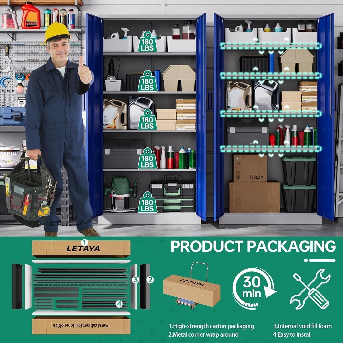 Letaya Metal Garage Storage Cabinets with Lock-72 Tall Tool Organizer Steel Lockers, 5 Adjustable Layers Shelves for Home,Office,Warehouse,Garage,(Black-72“)