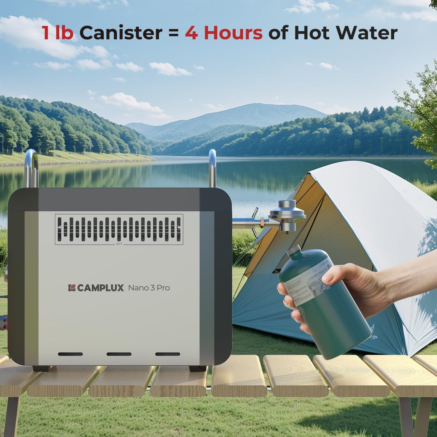 CAMPLUX Battery Powered Portable Water Heater, 1 lb On-Demand Propane Camping Shower Nano 3 Pro, On Ground Camp Water Heater & Shower Pump