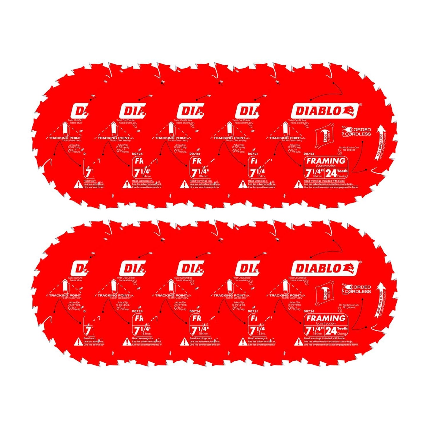 Diablo Framing Saw Blade with Perma-Shield - Tracking Point Tooth Design for Efficient Cutting - 7-1/4" x 24-Tooth, 10-Pack - D0724A