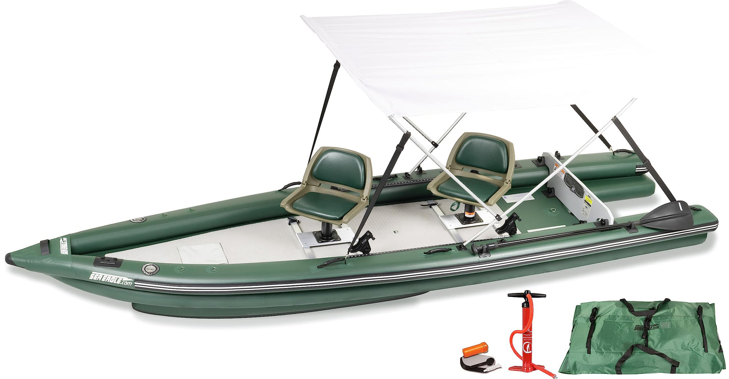 Sea Eagle FSK16 FishSkiff Inflatable 16', High Pressure, All-Drop-Stitch, 1-3 Person Frameless Fishing Boat w/Rigid 6” External Keel - Portable, Storable, and Transportable