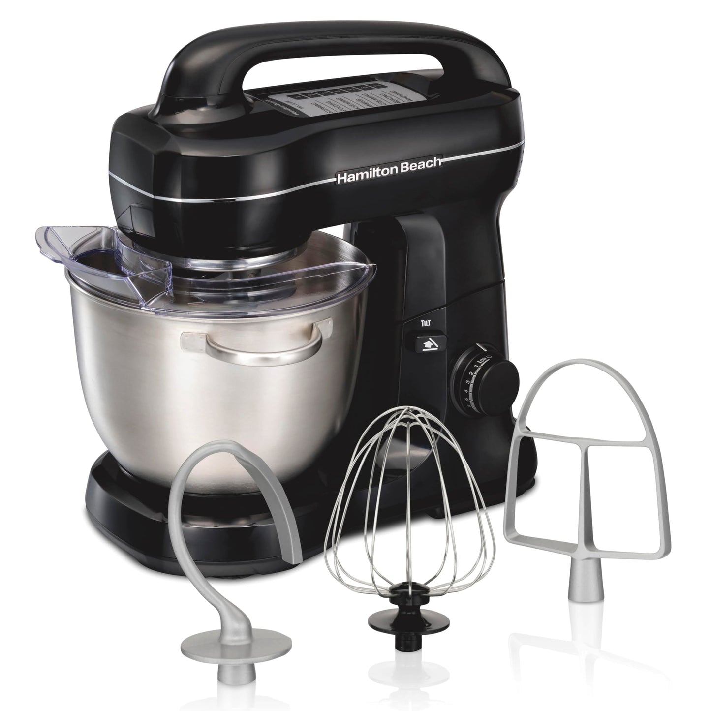 Hamilton Beach Electric Stand Mixer, 4 Quarts, Dough Hook, Flat Beater Attachments, Splash Guard, 7 Speeds with Whisk, Easy-Carry Top Handle, Blue