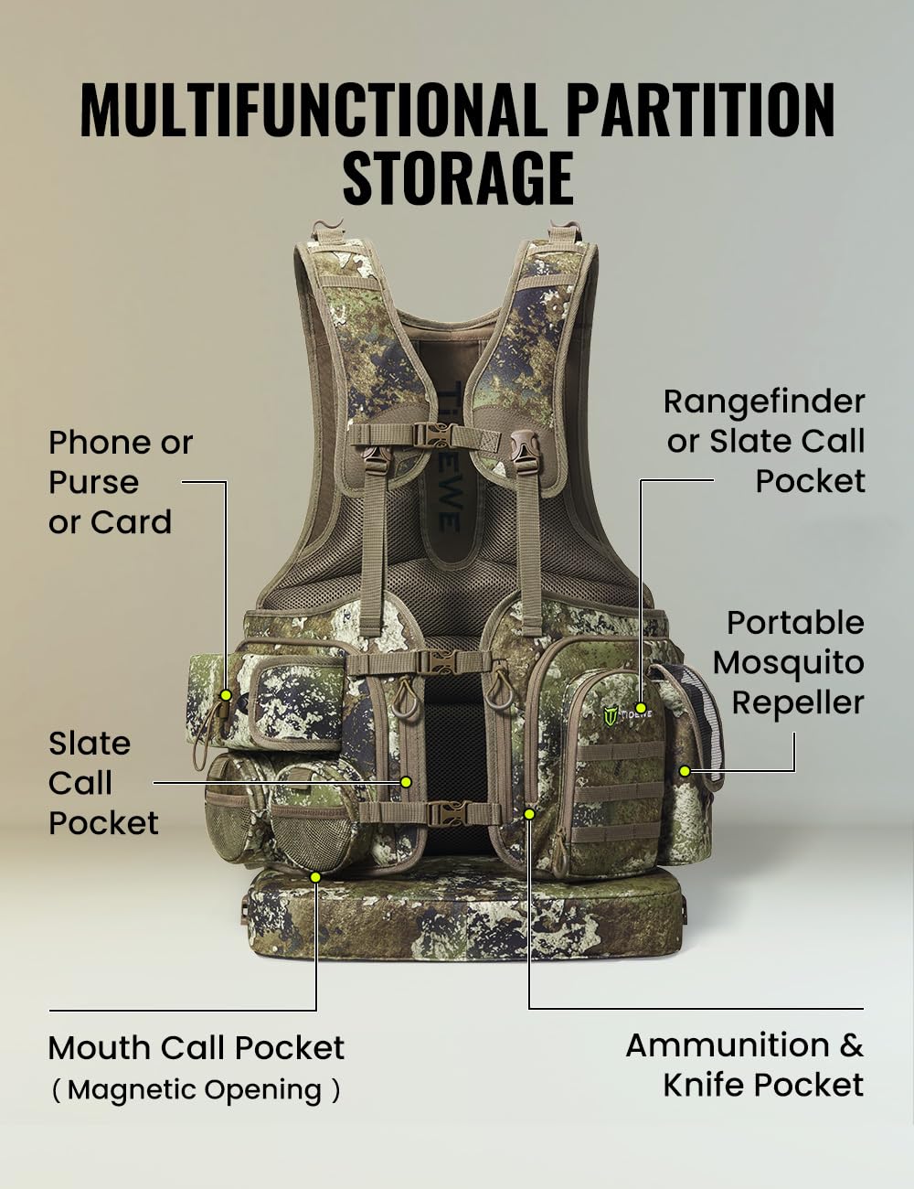 TIDEWE Turkey Vest with Seat, Hunting Vest with Game Pouch and Kickstand, Strut Camo Turkey Hunting Clothes for Men Women