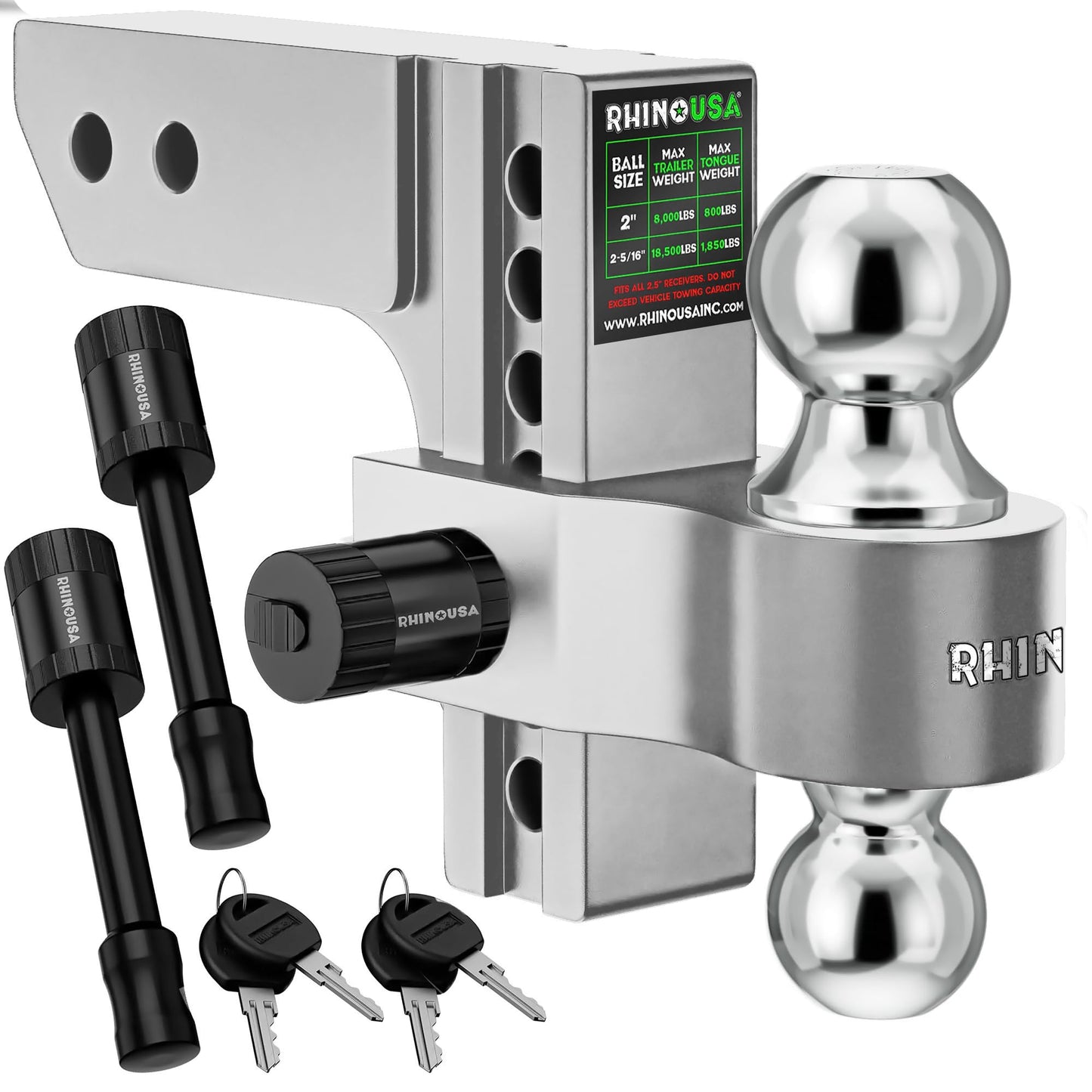 Rhino USA Adjustable Trailer Hitch (Fits 2-Inch Receiver) - Heavy Duty Aluminum Tow Hitches with 6-Inch Drop/Rise for Truck (12,500 LBS GTW) - Weatherproof Double Anti-Theft Locking Hitch Pins (Black)