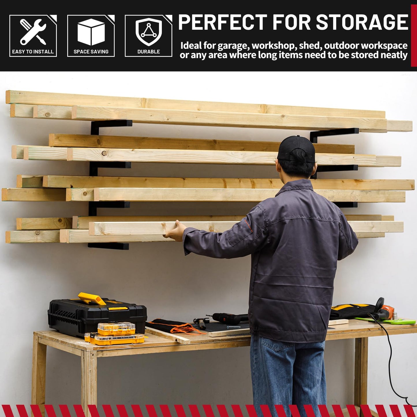 YYR Wood Organizer and Lumber Storage Rack Wall Mount, Heavy Duty Metal Shelf with 6-Level Holds Up 1200 LBS, Indoor & Outdoor Use - Orange