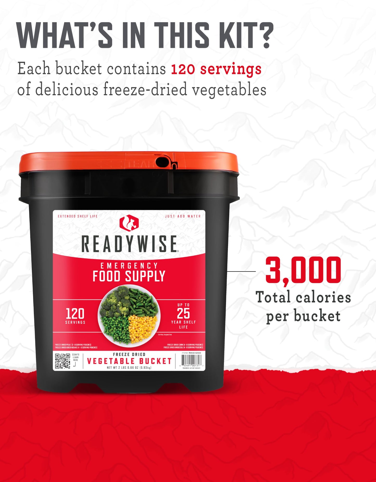READYWISE - Emergency Food Supply Bucket, 120 Servings, MRE Meal Food Supply, Premade, Freeze Dried Survival Rations for Hiking, Adventure & Camping Essentials, Individually Packaged, 25 Year Shelf Life
