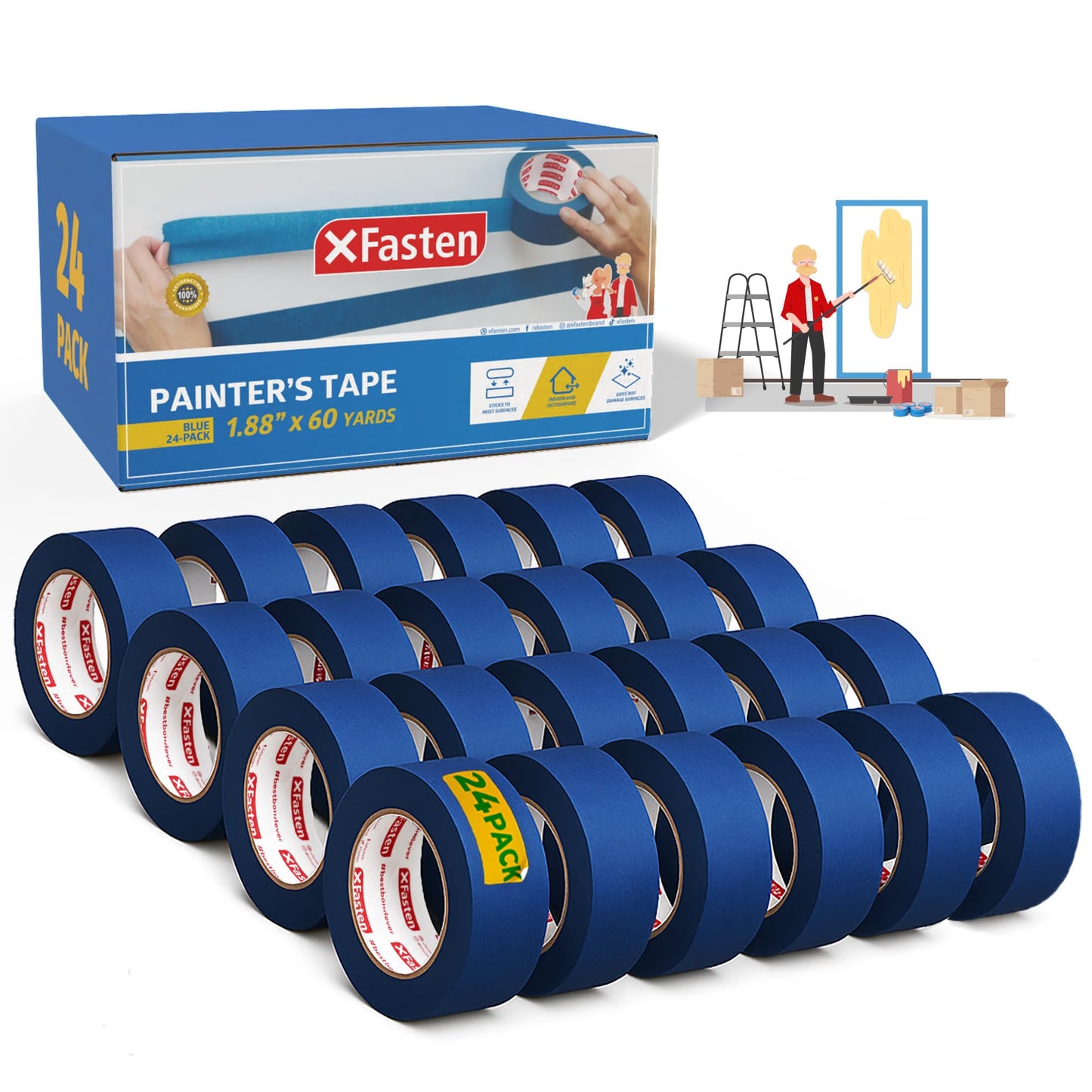 XFasten Blue Painters Tape Bulk 3-Inch x 60-Yards (12-Pack, 2160ft Total) Wall Safe Painters Tape 3 Inch Wide, Blue Masking Tape Bulk, Paint Tape for Walls, Painting, Automotive