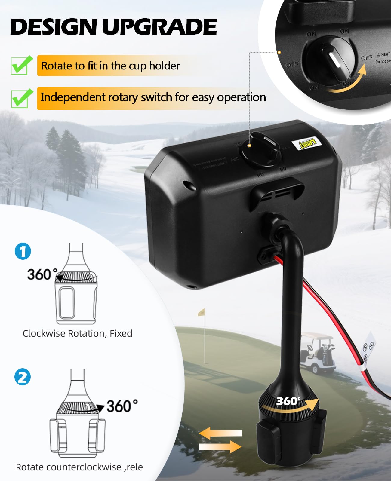 UNIGT Golf Cart Electric Heater, 400W Safe and Quiet Carbon Fiber Heating, Heat Up 120 Square Feet for 48V Club Car/Yamaha/EZGO Golf Cart Battery Operated Heater & Cup Holder Adapter, Black