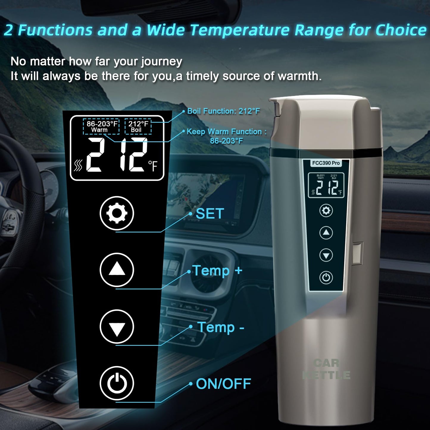 Car Electric Kettle: 12V/24V Portable Water Boiler Heated Travel Mug,Multiple Temperature Adjustable Coffee Tea Truck Cup with 304 Stainless Steel Dry Burn Protection & Handy Cup Bag