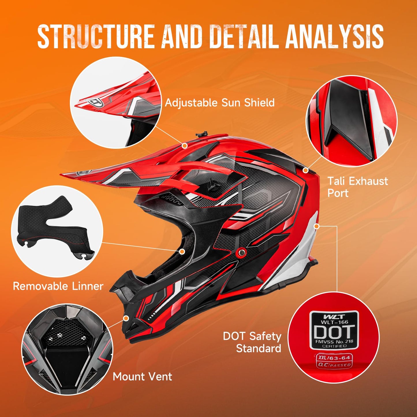 Adult Motocross Dirt Bike Helmet with Goggle, Gloves & Mask - DOT/FMVSS-218 Off-Road Motorcycle & ATV Helmet with Adjustable Sun Visor