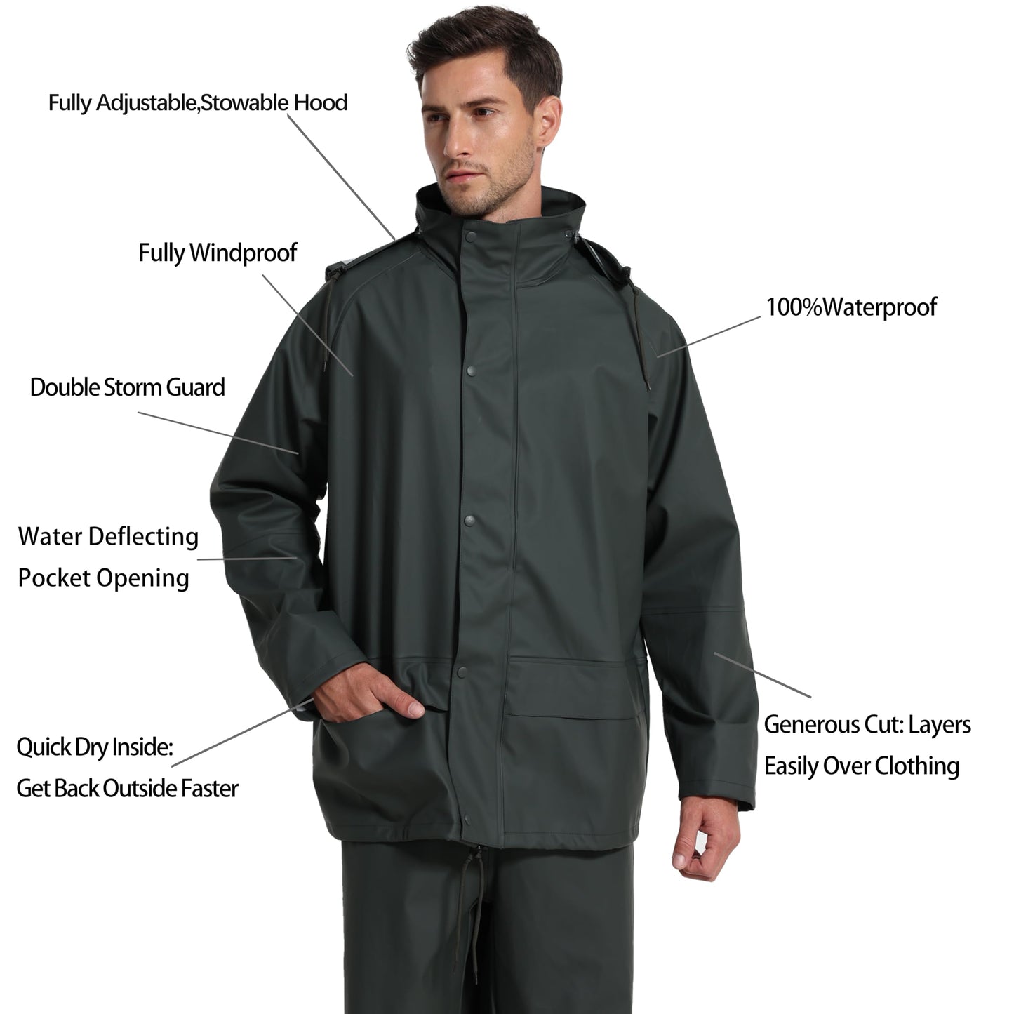 Men's Workwear PRO Rain Suit - Waterproof Jacket and Bib Pants 3-piece Set for Ultimate Safety and Comfort