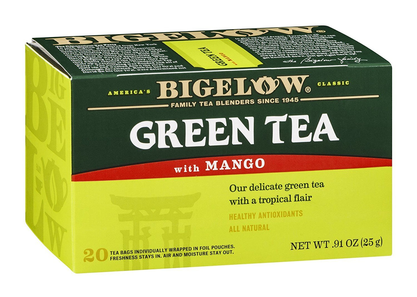 Bigelow Tea Green Tea Variety Pack, Classic Green Tea, Lemon, Pomegranate, Mint, Peach and Constant Comment Flavors, 20 Count Box (Pack of 6), 120 Total Tea Bags