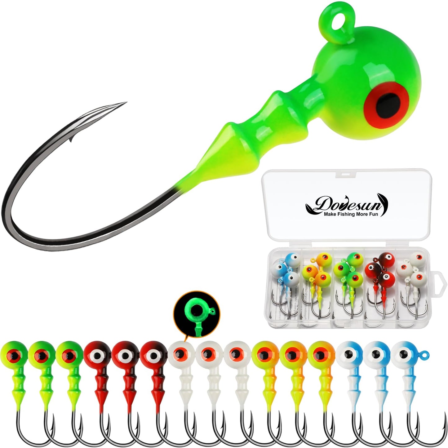 Dovesun Jig Heads for Fishing, Painted Jigheads with 3D Eye Ball Glowing Walleye | Bass | Crappie jigs 1/2oz 3/8oz 1/4oz 1/5oz 1/8oz 1/10oz 1/16oz 1/32oz Fishing Jig Hooks Assortment 15-40pcs