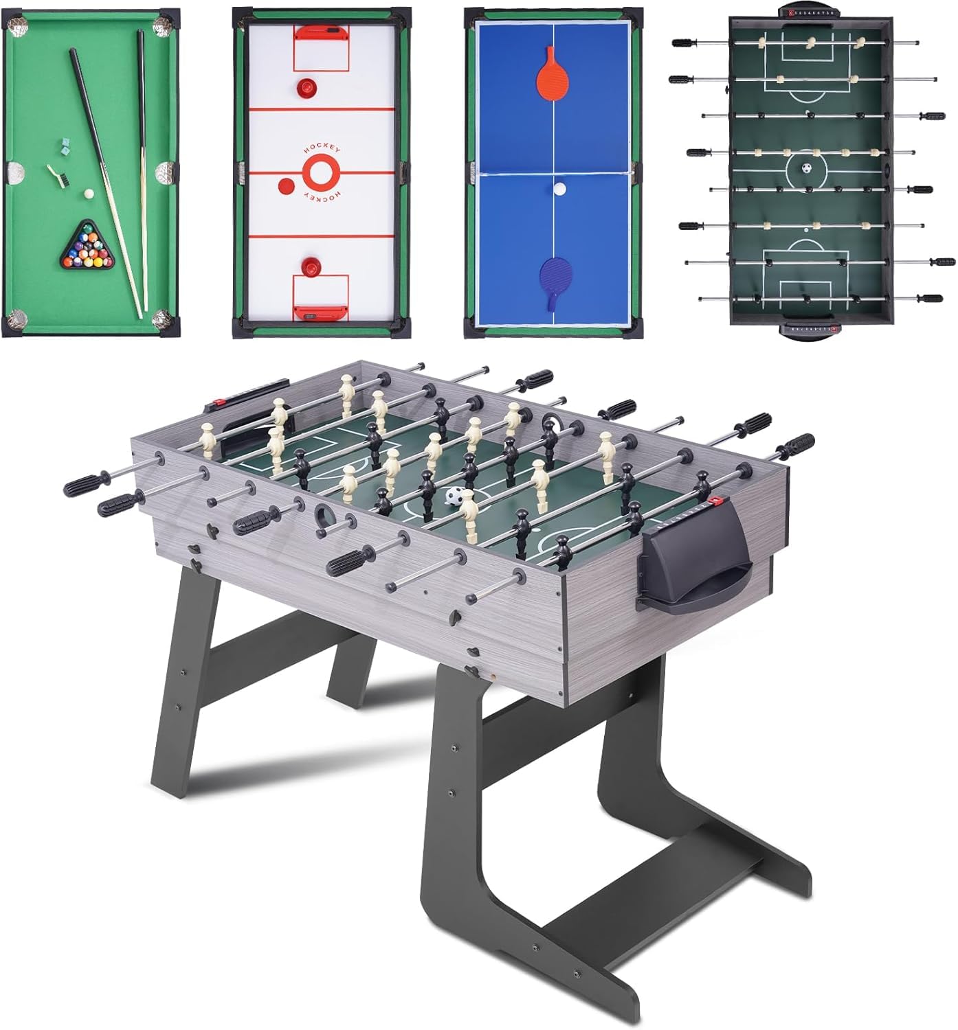 RAYKEEP Foldable Multi Game Table, 54" 4-in-1 Combo Game Table Set with Ping Pong, Hockey, Pool Billiards and Foosball for Kids, Adults, Home, Game Room, Friends & Family