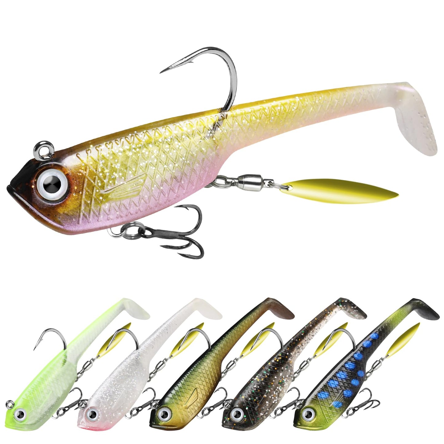 TRUSCEND Easy Catch Pre-Rigged Soft Lures, Vibrating Swim Action, Trembly Sinking Move, Amazing Soft Swimbait for Family Fishing, Well-Made Fishing Lures for Bass Trout Crappie Walleye Pike Redfish