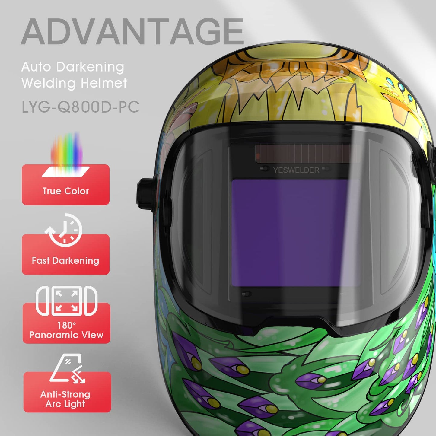YESWELDER Large Viewing True Color Solar Powered Auto Darkening Welding Helmet with SIDE VIEW, 4 Arc Sensor Wide Shade 4/5-9/9-13 Welder Mask for TIG MIG ARC Grinding Plasma LYG-Q800D