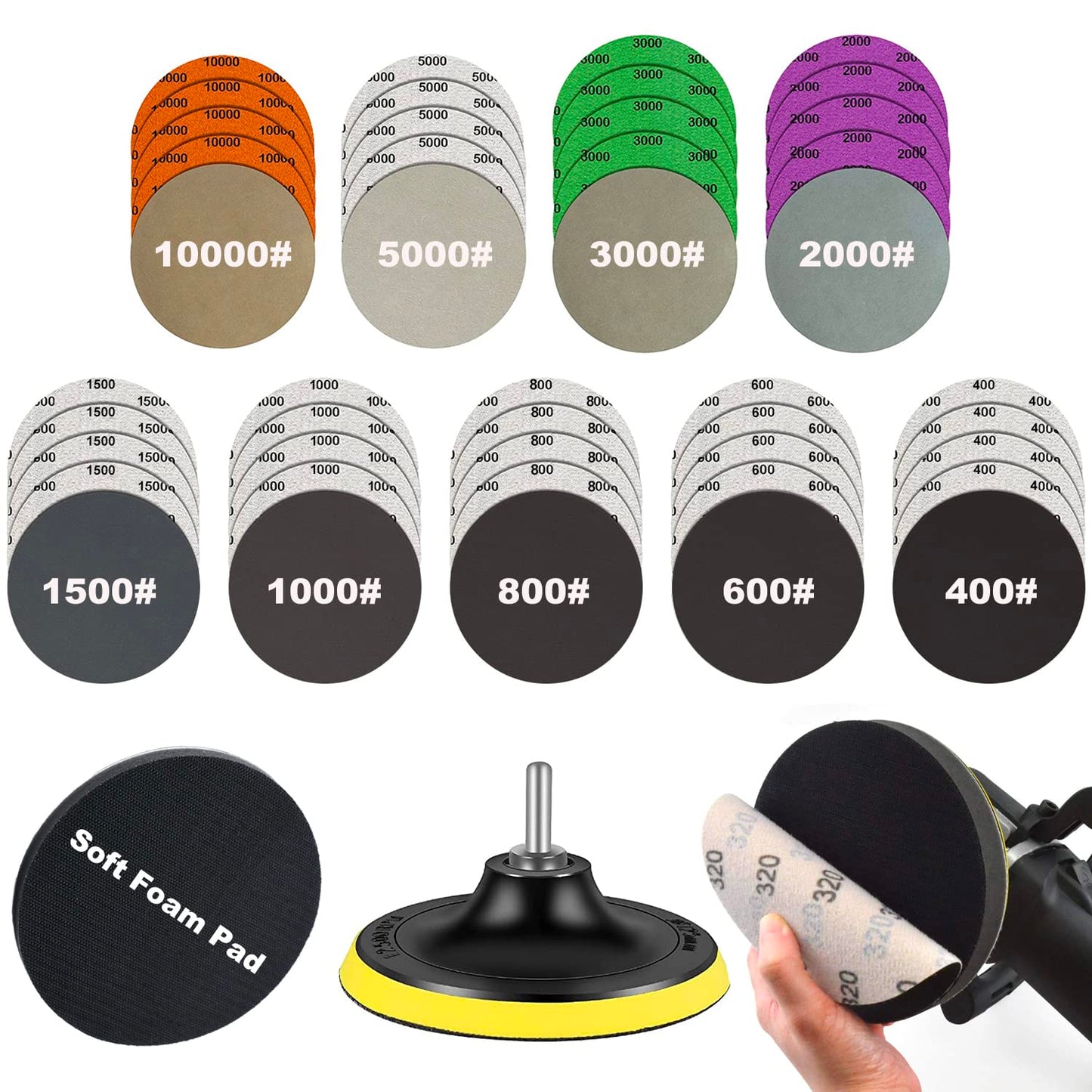 Water Grit Sandpaper 2000/3000/5000/7000/10000 and 5-inch Backing Pad Set, Wet Dry Electric Hook &Loop Sanding Disc with Pad, Grinding Abrasive Paper and Orbital Sander Polisher