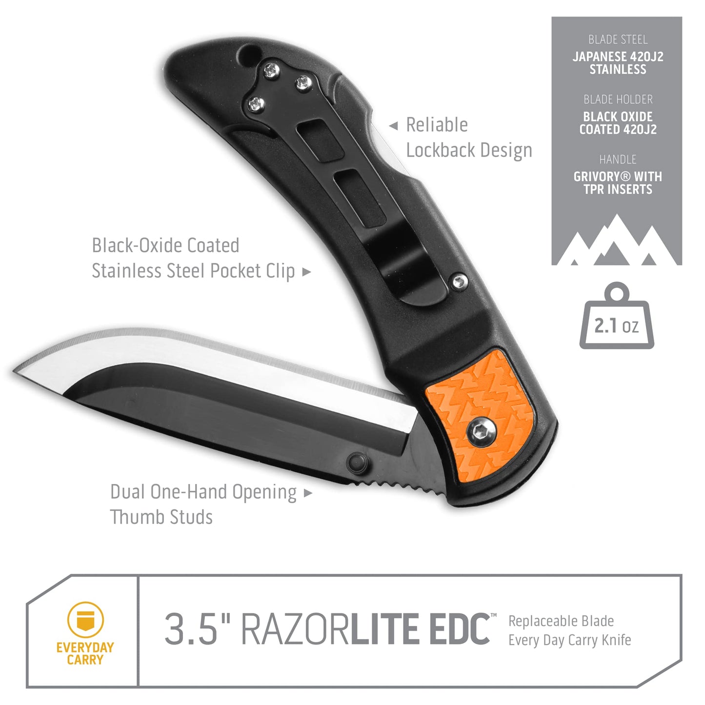 OUTDOOR EDGE 3.5" RazorLite EDC Knife. Pocket Knife with Replaceable Blades and Clip. Perfect For Hunting and Skinning Deer. Gray with 6 Blades