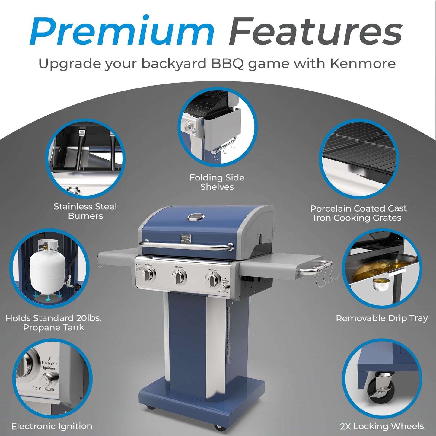 Kenmore 3-Burner Propane BBQ Grill, 30,000 BTUs Gas Grill with Cast Iron Cooking Grates, Folding Side Tables & Wheels, Outdoor Grill with Tool Hooks, Azure Blue
