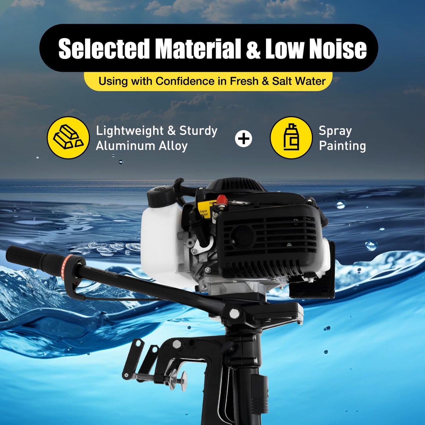 6HP Heavy Duty Outboard Motor, 170cc 4 Stroke Gas Outboard Boat Motor Engine with Air Cooling System, 3.2KW Single Cylinder Fishing Boat Engine for 3-7m Length