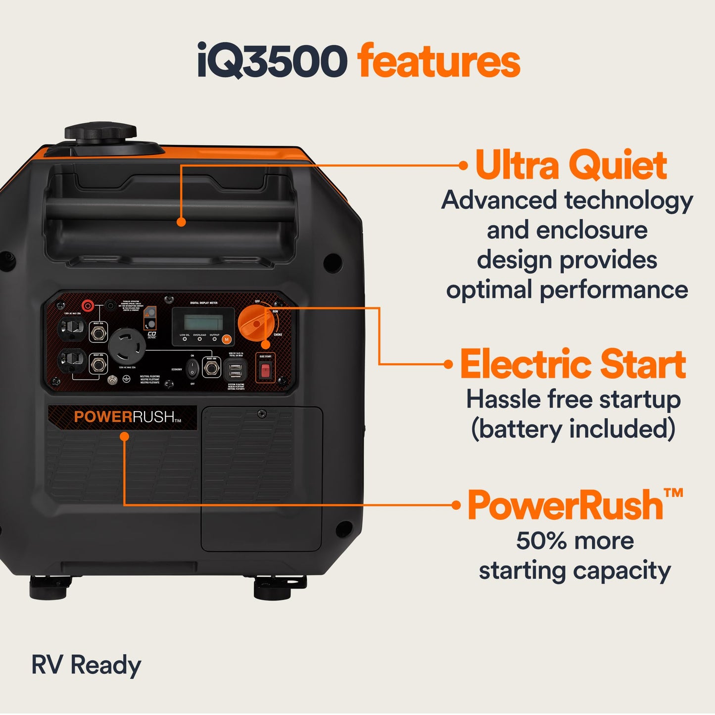 Generac 3,300-Watt Gas-Powered Portable Inverter Generator - Lightweight Design - USB Ports for Mobile Device Charging - COsense Technology - Perfect for Home use - Orange/Black