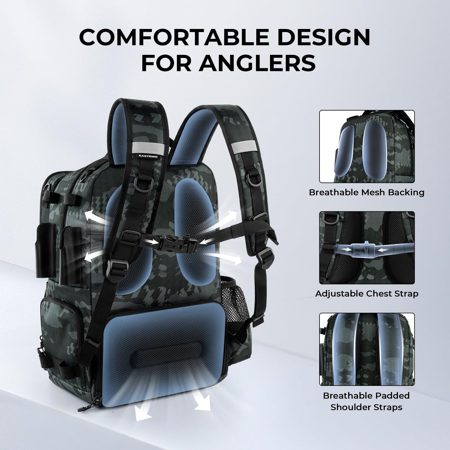 KastKing BaitSpace 50L Fishing Tackle Backpack with Removable Bait Binder & 4 Tackle Boxes, Rod Holders Storage Fishing Gear