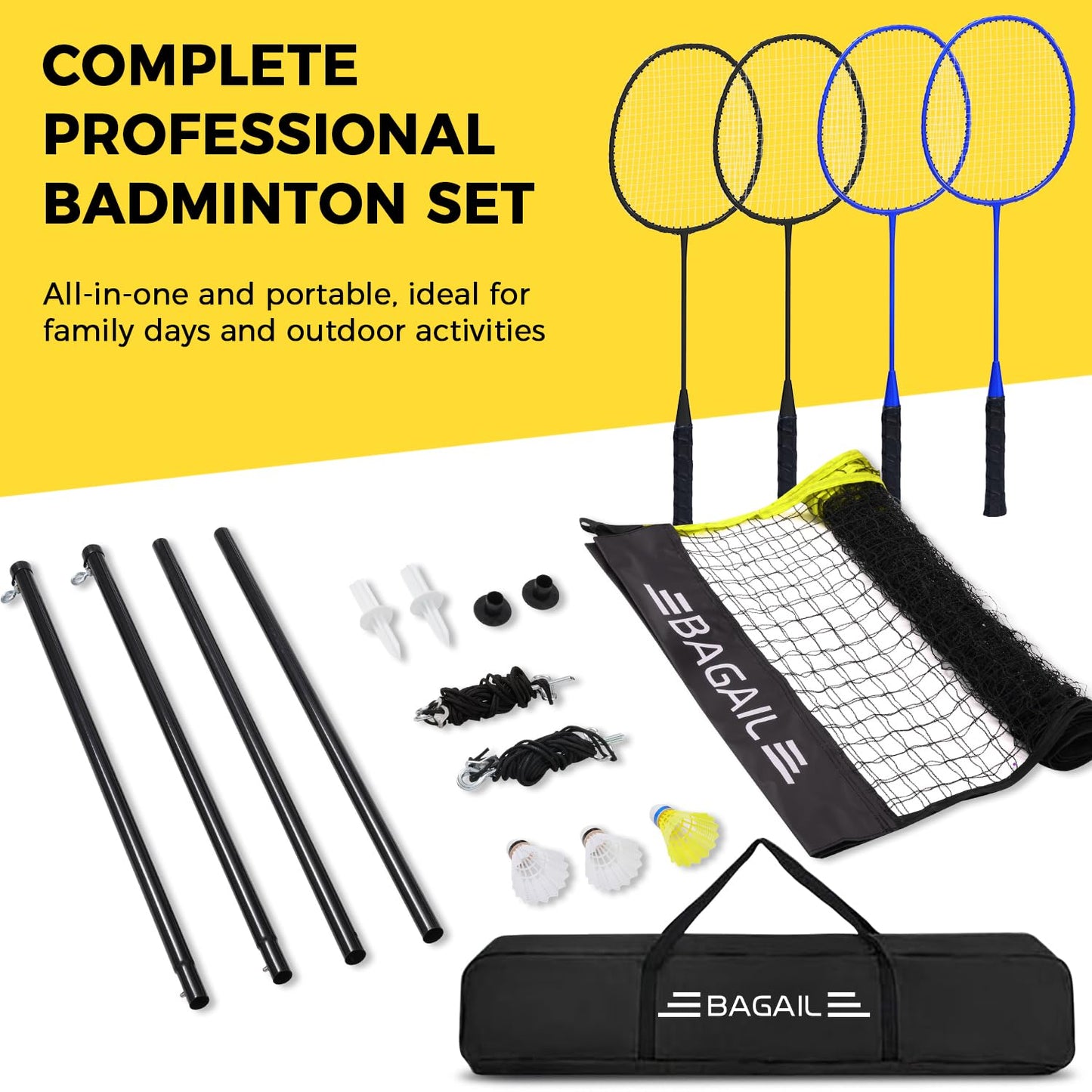 BAGAIL Outdoor Badminton Net Set with Anti-Sag Winch System - Official Size 20ft x 5ft, 4 Rackets, 3 Shuttlecocks, Durable PE Net & Carry Bag for Backyard, Beach, Family Games - Yellow