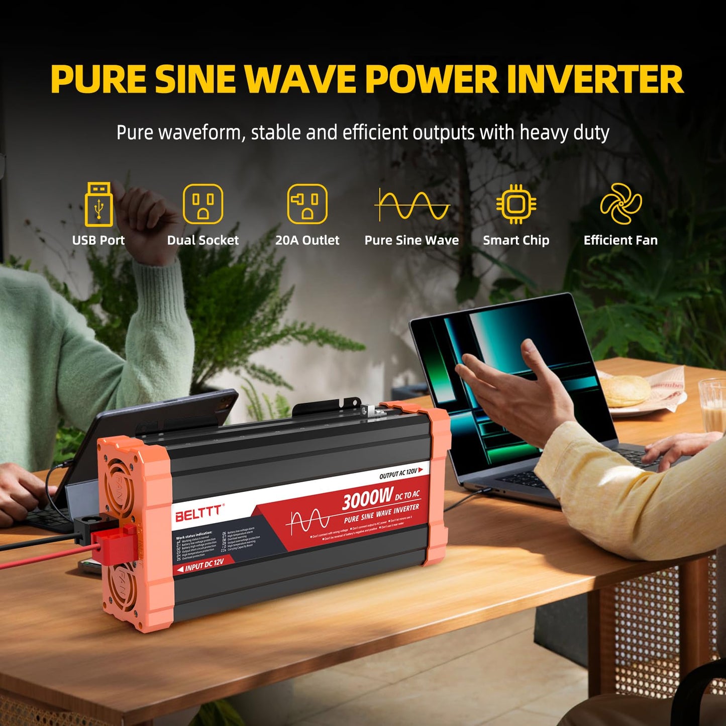 BELTTT 1000Watt Pure Sine Wave Inverter 12V DC to 120V AC for RV, Truck, Off-Grid Solar Car Power Inverter 12V to 110V Converter with Dual AC Socket and 5V 2.1A USB, Intelligent LCD, 2000W Peak