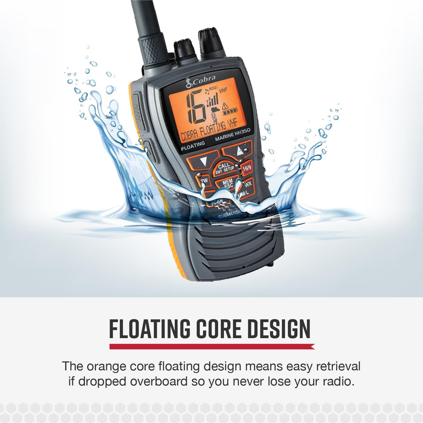Cobra MR HH350 FLT Handheld Floating VHF Radio - 6 Watt, Submersible, Noise Cancelling Mic, Backlit LCD Display, NOAA Weather, and Memory Scan, Grey