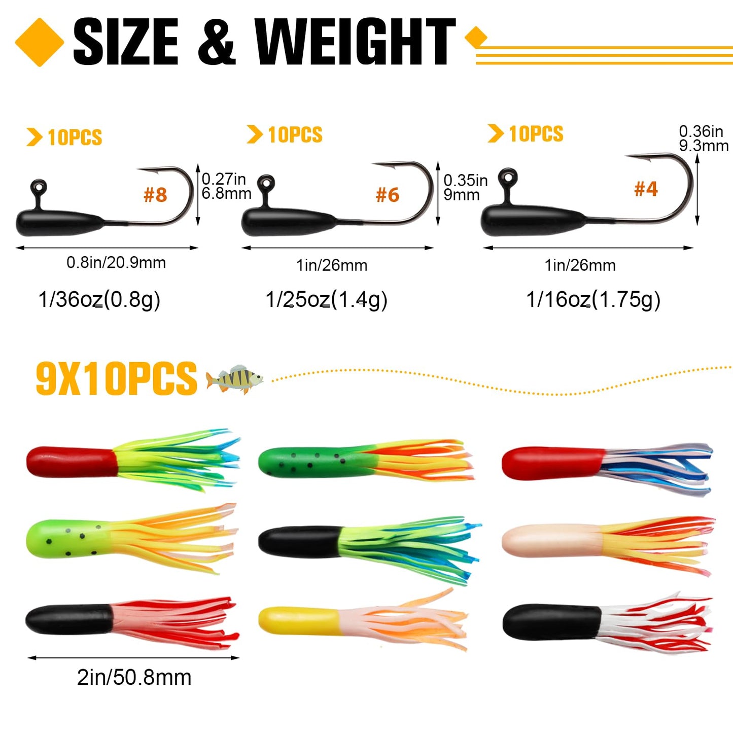 Dovesun Crappie Lures with Jig Heads Kit, Soft Plastic Grubs-Tube Baits 1/8oz 1/16oz 1/32oz Crappie Jigs Walleye Trout Bass Crappie Baits 95-120pcs